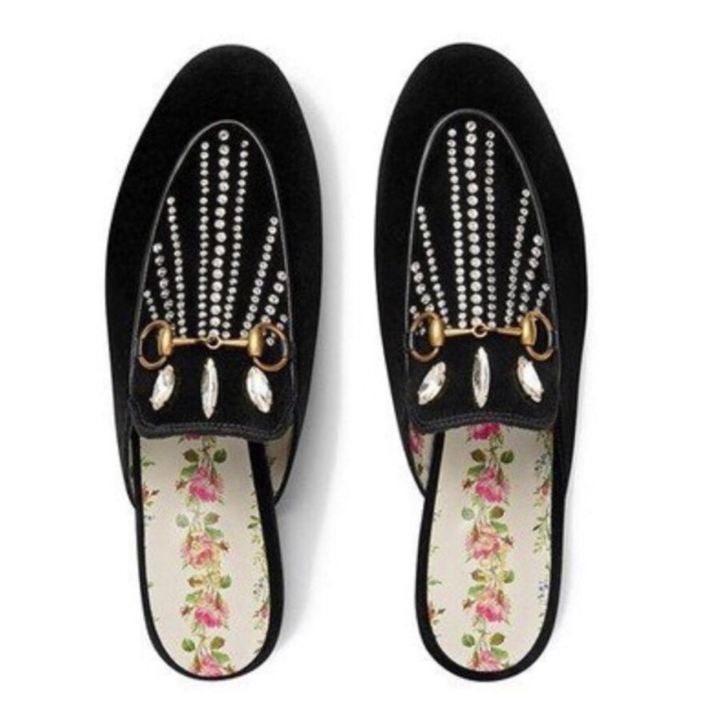 Gucci Horsebit Princetown Crystal Embellished Velvet Slippers - 38.5